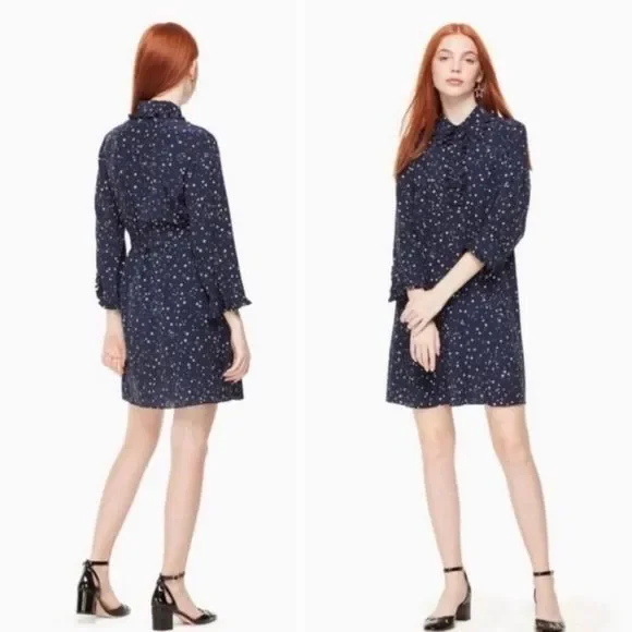 Kate Spade Womens Silk Navy Blue Star 3/4 Sleeve Ruffle Mini Dress Sz XS - Picture 3 of 11